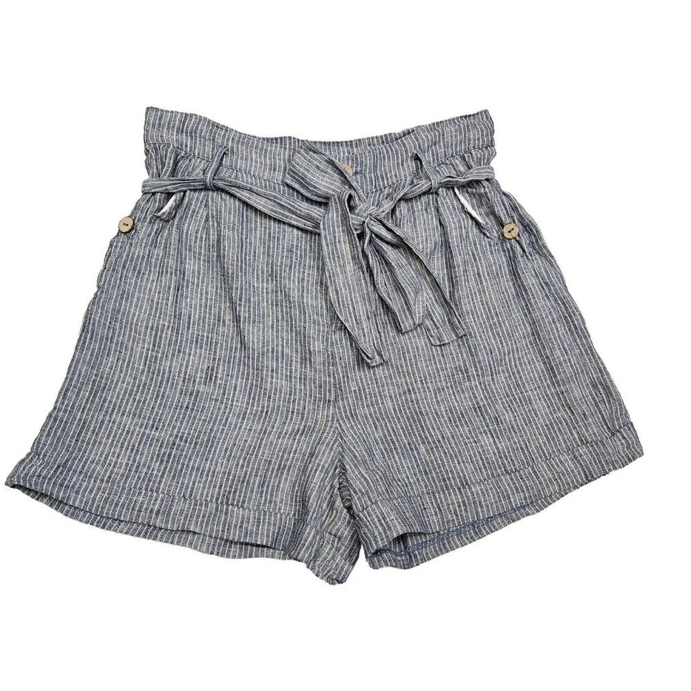 Joh Blue & White Striped Linen High‎ Waist Shorts With Belt & Button Details